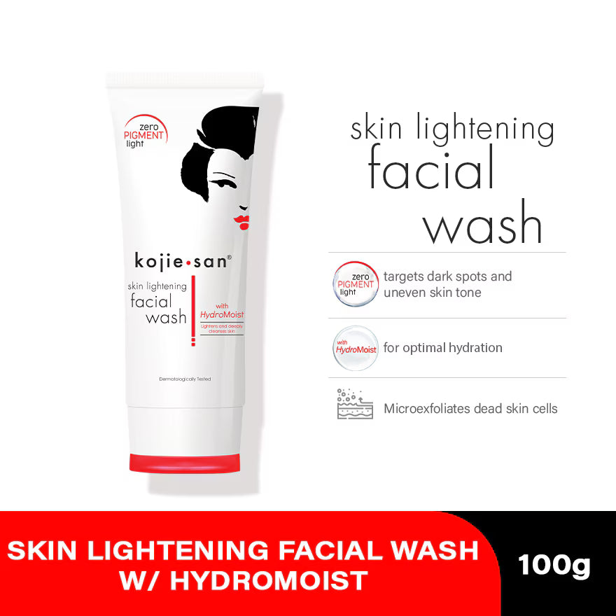 Kojie San skin lightening facial wash tube on a white background with product details.