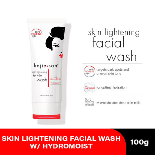Kojie San skin lightening facial wash tube on a white background with product details.