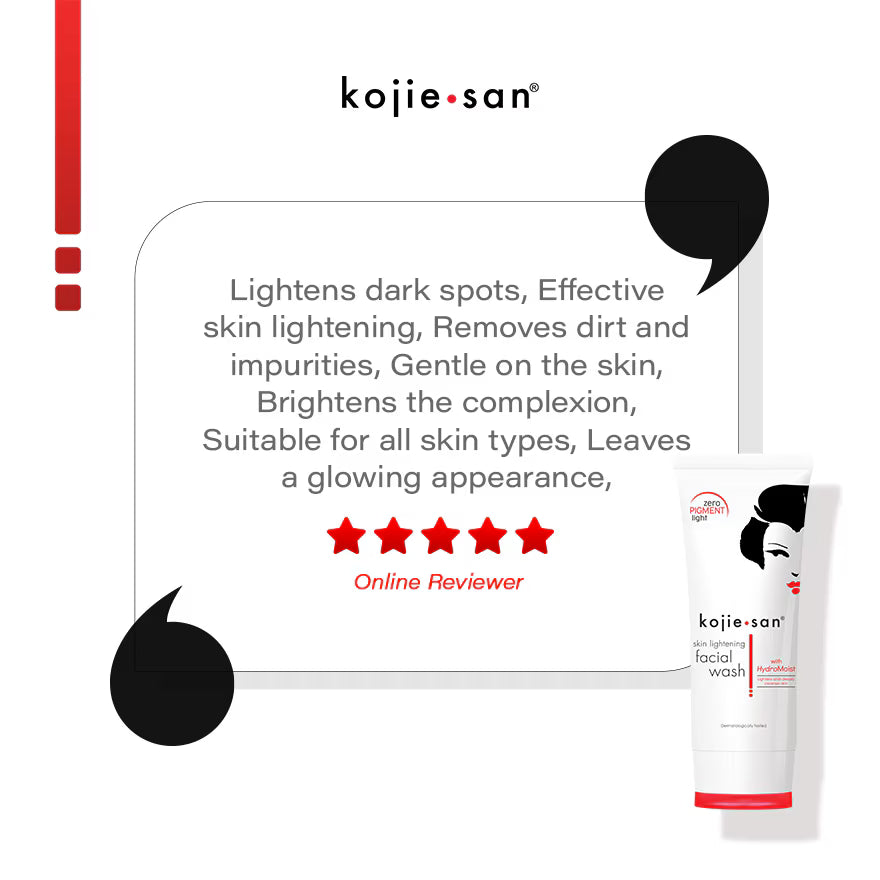 Kojie San facial wash with product description and online reviewer rating on a white background