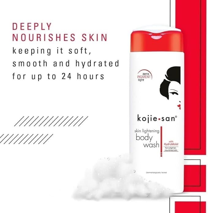 Kojie San skin lightening body wash packaging with text on a white background