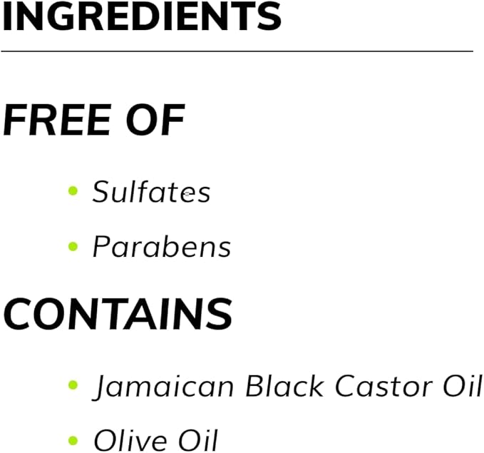 Ingredients list with sulfates, parabens, Jamaican Black Castor Oil, and Olive Oil on a white background.