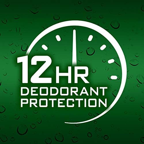 12 HR Deodorant Protection logo on a green background with water droplets.