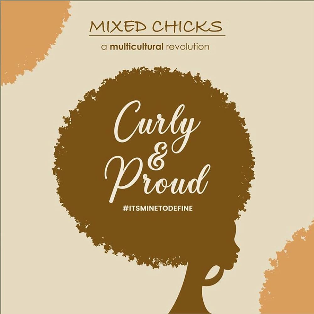 Silhouette of a person with an afro and text 'Curly & Proud' on a beige background
