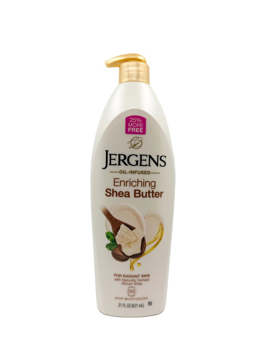 Jergens Enriching Shea Butter lotion bottle on a white background