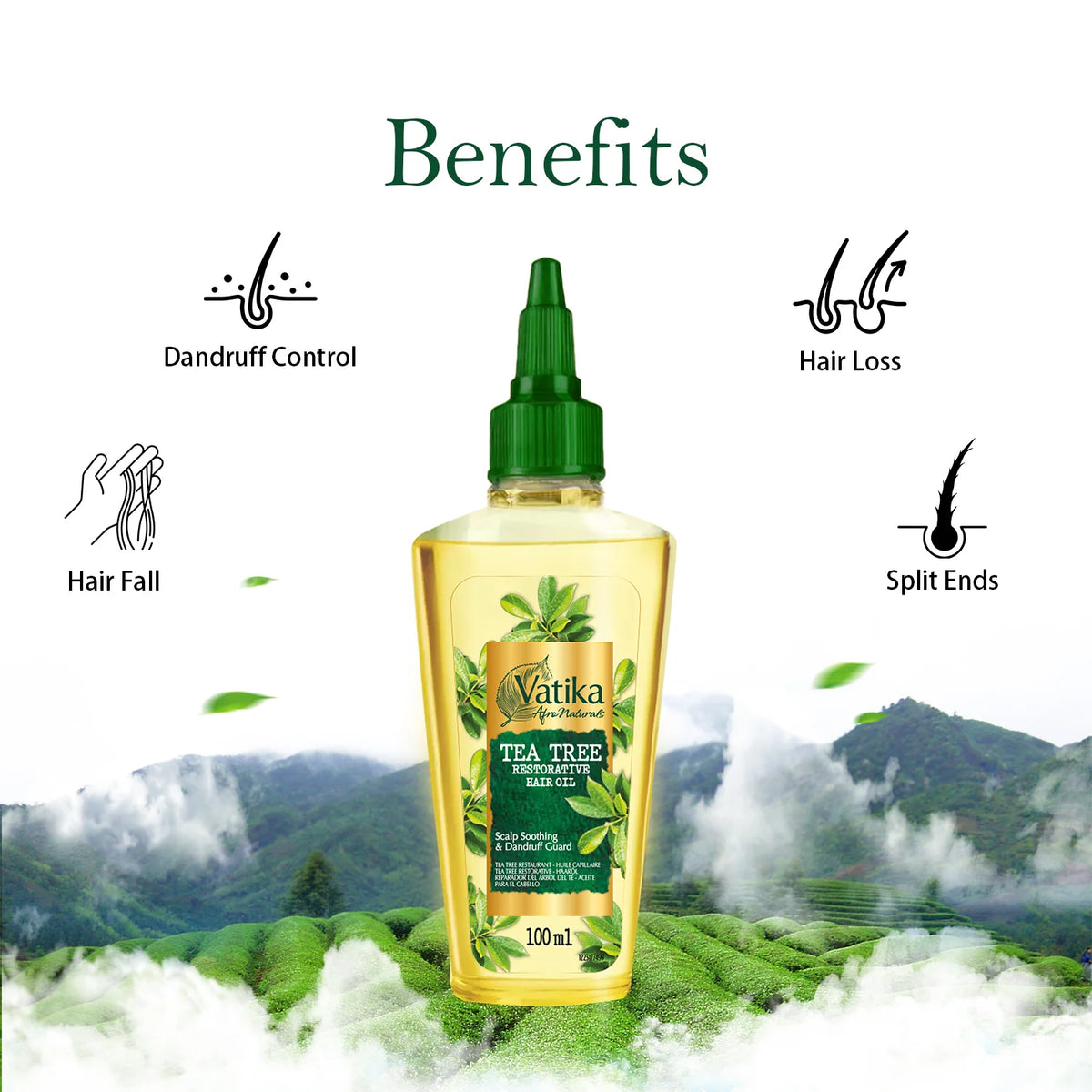 A 100ml bottle of VatiKa Tea Tree Hair Regrowth Shampoo centered on a white background with green text reading 'Benefits' and icons for dandruff control, hair loss, hair fall, and split ends. The bottle is filled with yellow liquid and has a green cap, set against a scenic green mountain landscape with clouds.