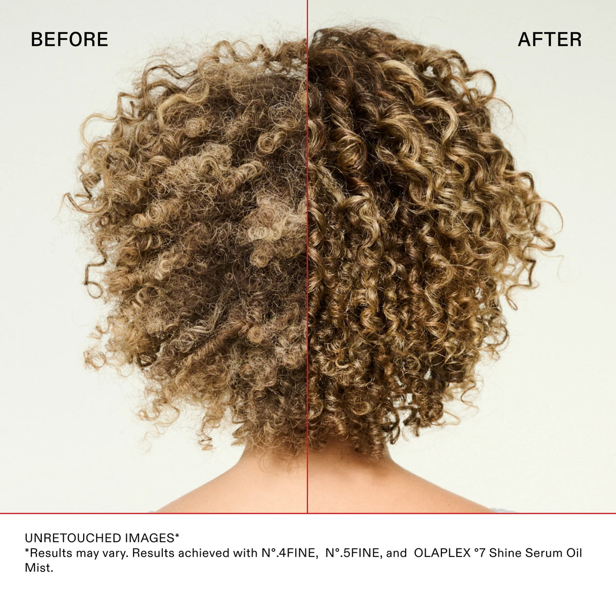 Before and after comparison of curly hair with text about product results.