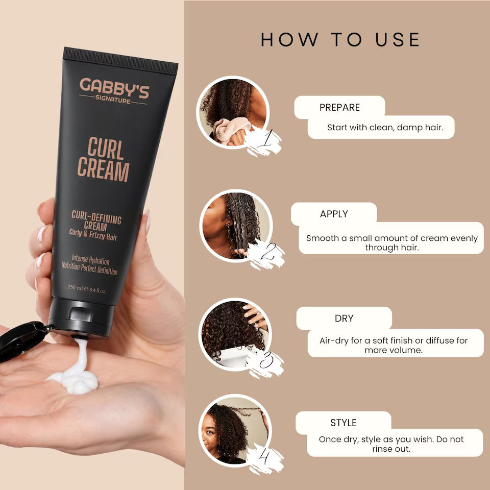 A hand holds a black squeeze tube of Gabby's Signature Curl Cream, with white cream dripping onto a beige background next to a step-by-step 'How to Use' guide showing preparation, application, drying, and styling.