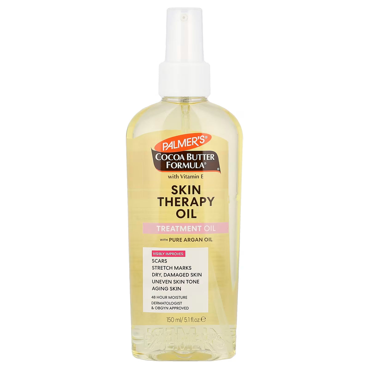A bottle of Palmer's Cocoa Butter Formula Skin Therapy Oil with pure argan oil, featuring a white spray pump and a clear bottle showing the pale yellow oil inside, set against a plain white background.