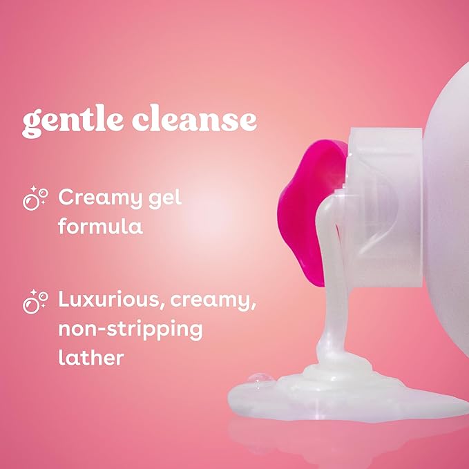 Product with creamy gel formula and luxurious lather on a pink background