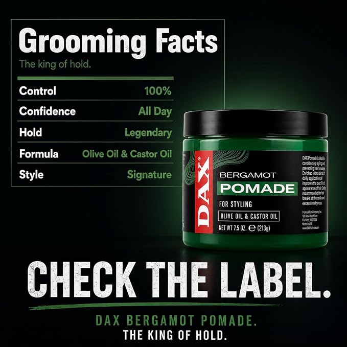 DAX Bergamot Pomade hair styling product jar shown on a dark promotional graphic with text reading 'Grooming Facts' and 'CHECK THE LABEL.' The jar is green with a black lid and a red vertical DAX logo on the front label.