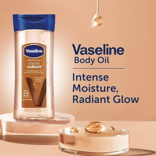 Vaseline Cocoa Radiant body oil bottle with text on a beige background
