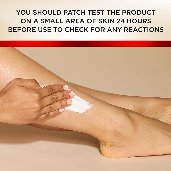 A person applies white cream to their lower leg with a hand. A beige banner at the top contains black text that reads: 'YOU SHOULD PATCH TEST THE PRODUCT ON A SMALL AREA OF SKIN 24 HOURS BEFORE USE TO CHECK FOR ANY REACTIONS'.