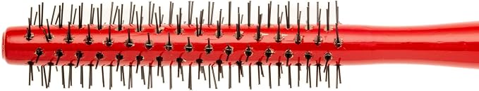 A close-up of a red hairbrush with black bristles on a white background.