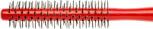 A close-up of a red hairbrush with black bristles on a white background.