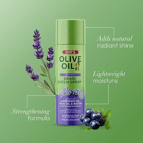 ORS Olive Oil Braid Sheen Spray bottle on a green background with decorative lavender and blueberry illustrations and callout text describing benefits.