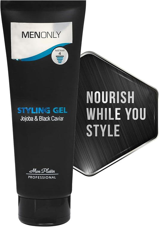 MenOnly styling gel tube with promotional text on a white background