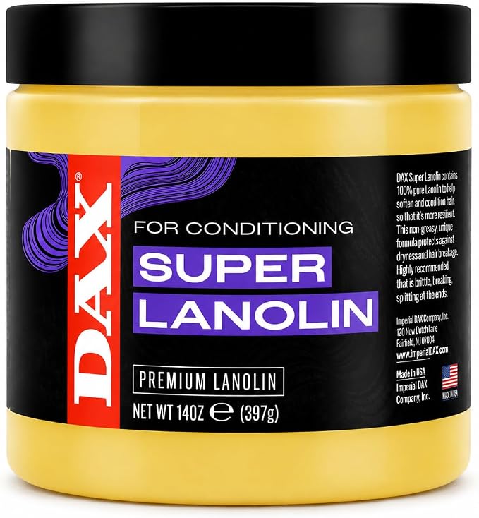 A yellow plastic tub of DAX Super Lanolin conditioner with a black lid and a black label featuring purple and red branding.