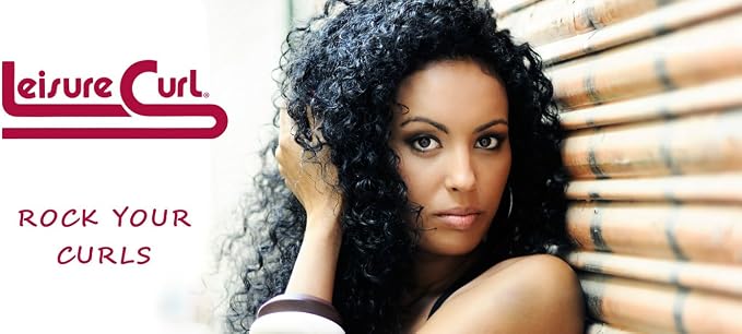 A promotional banner for Leisure Curl hair products featuring a woman with voluminous dark curly hair posing against a bamboo slat wall, with the brand logo and the text 'ROCK YOUR CURLS' on the left.