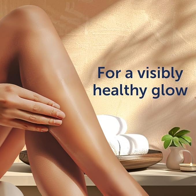 Legs with smooth skin and text 'For a visibly healthy glow' in a serene setting.