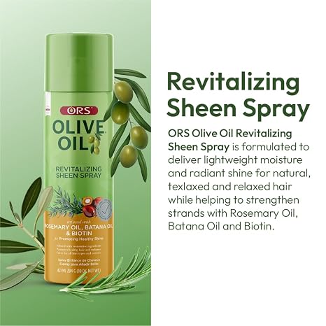 ORS Olive Oil Revitalizing Sheen Spray bottle on a light green background with olive branches and text describing the product benefits.