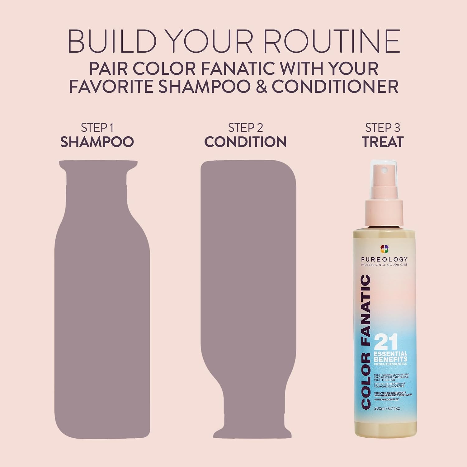 Hair care product with step-by-step guide on a pink background