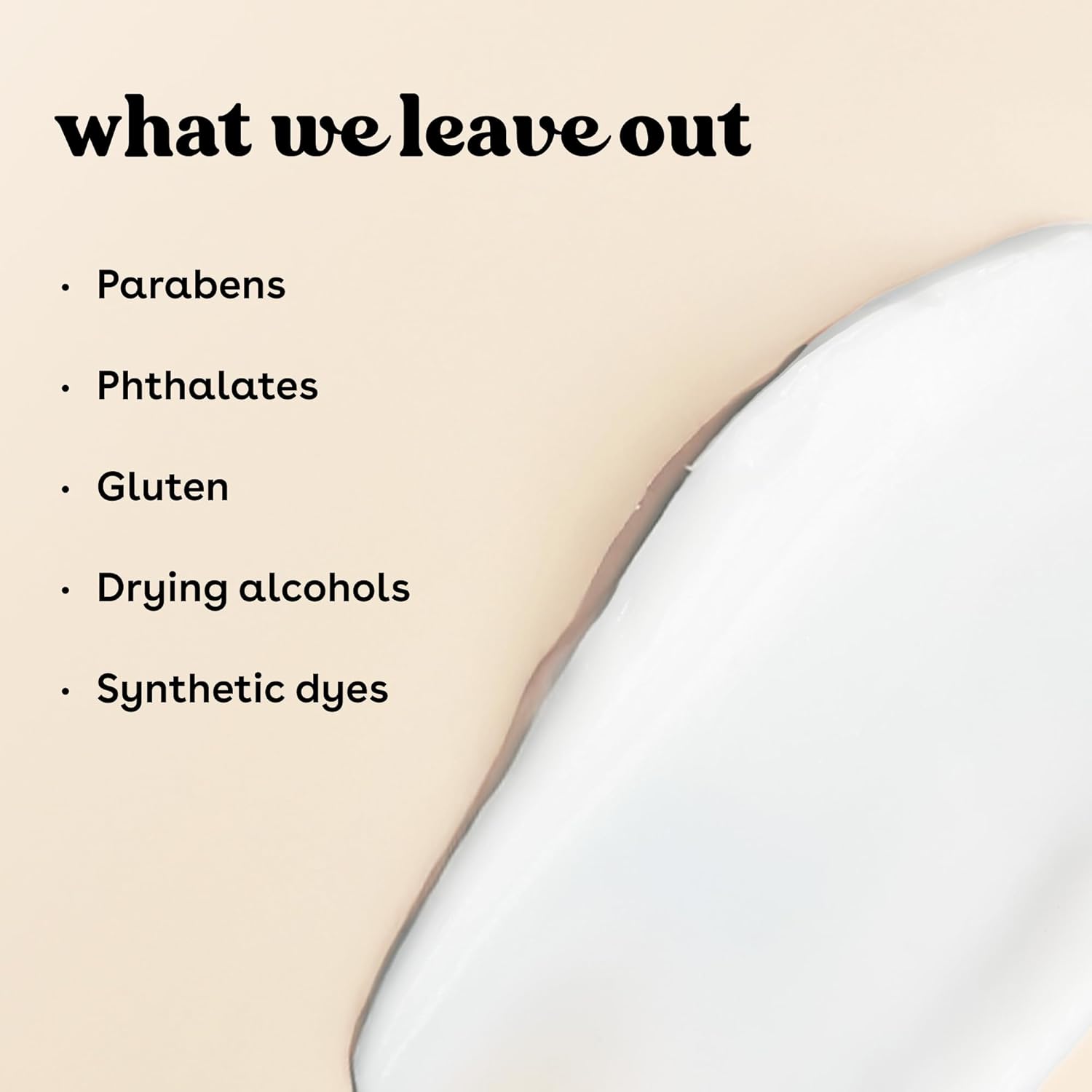 List of substances left out in a product, with a beige background and white text.