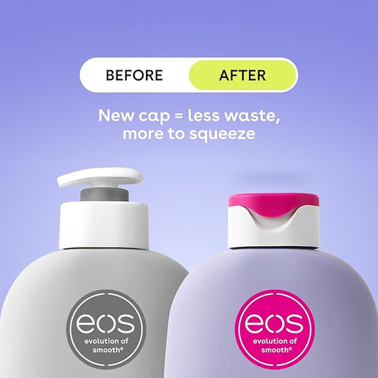 Two eos lip balm bottles with a before and after comparison on a purple background