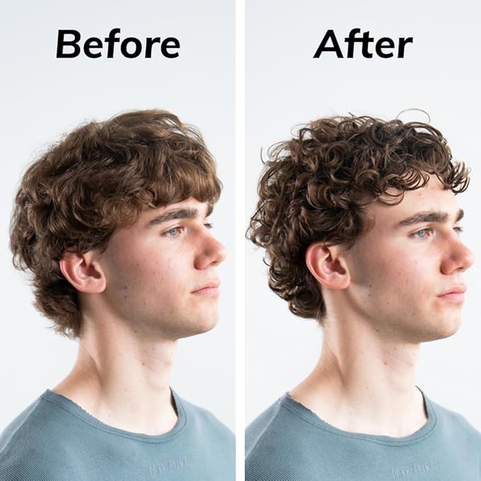 man showing before and after using product