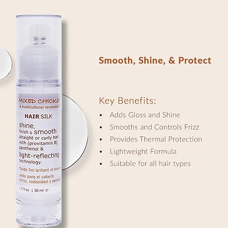 A bottle of Mixed Chicks Hair Silk hair protectant shown on a beige background with promotional text highlighting key benefits such as adding gloss and shine, smoothing and controlling frizz, and lightweight formula.