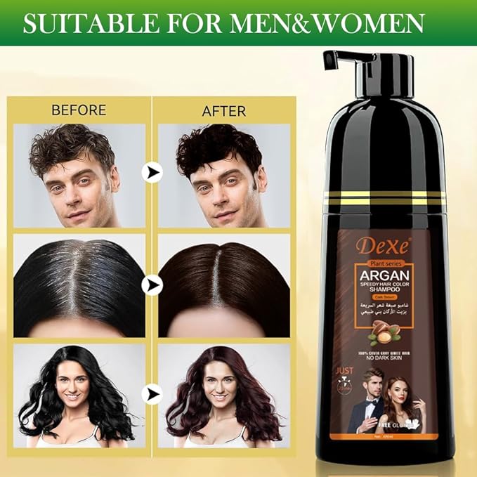 Dexe Argan shampoo bottle with before and after hair transformation images on a beige background