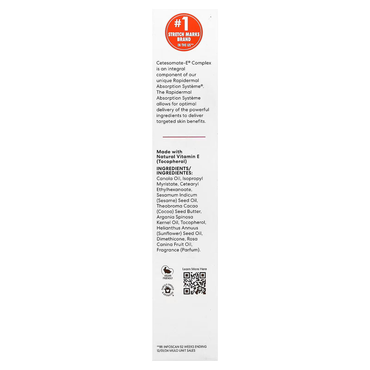 Product label with ingredients list and QR code on a white background