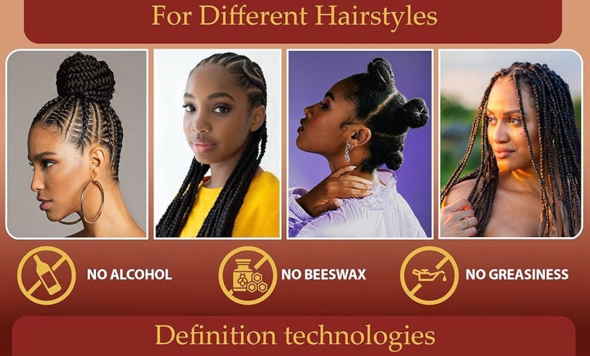 Promotional graphic for a hair extension or braiding product, showing four women with different hairstyles and braids, with text reading 'For Different Hairstyles' and feature icons for 'NO ALCOHOL', 'NO BEESWAX', and 'NO GREASINESS'.