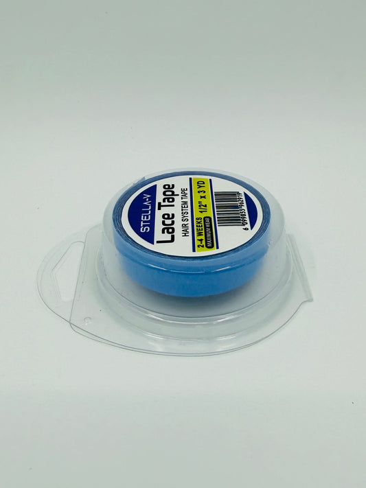 Blue tape roll with a label on a white background