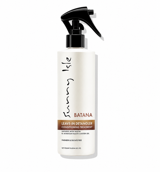 A white plastic spray bottle of Funny Kule Batana Leave-in Detangler Conditioning Treatment with a black trigger spray top, set against a plain white background.