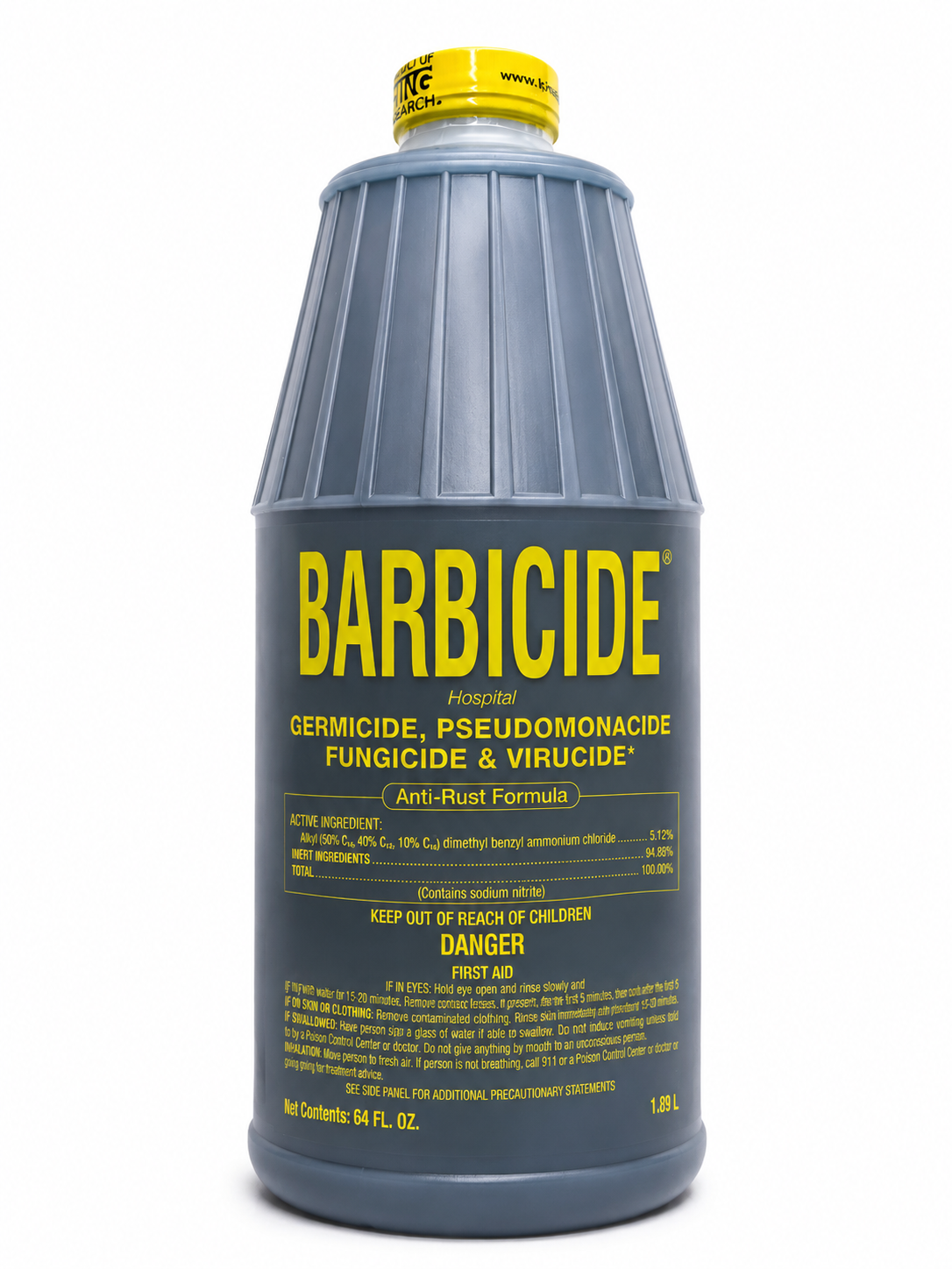 A large plastic bottle of Barbicide Herbicide with a ribbed gray body, a yellow cap, and a black label featuring bold yellow text, shown on a white background.