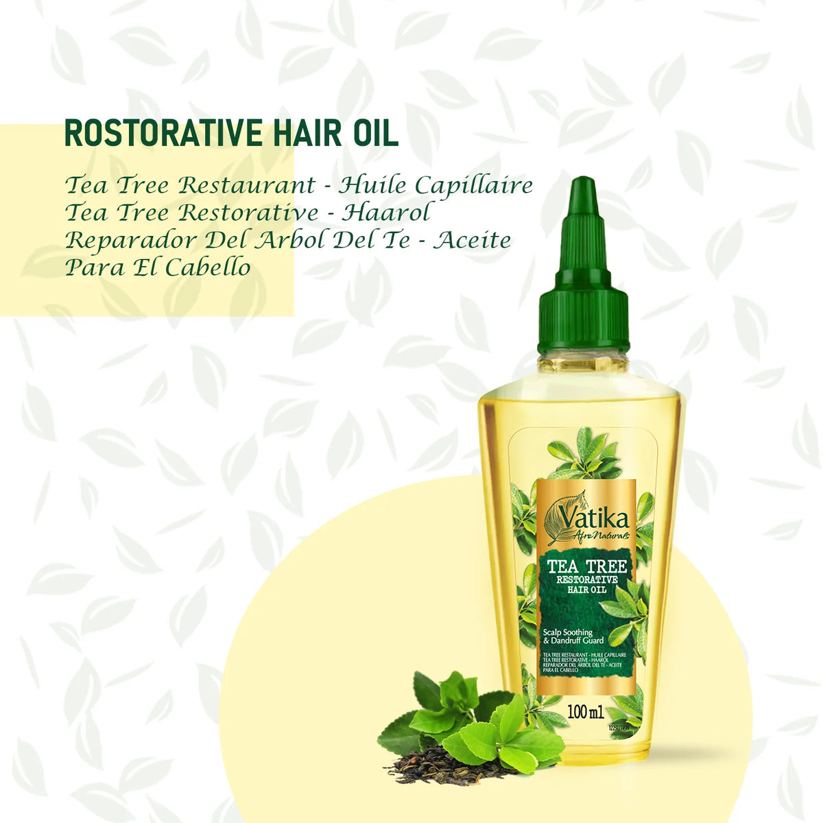 A 100ml bottle of Vatika Tea Tree Restorative Hair Oil with a green dropper cap, displayed on a white background with a light yellow circular graphic and Spanish text describing the product.