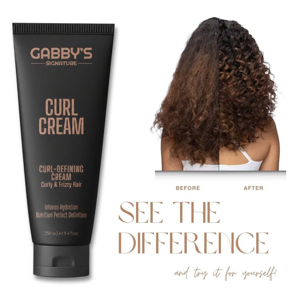 Tube of Gabby's Signature Curl Cream with 'Before' and 'After' hair comparison on a white background