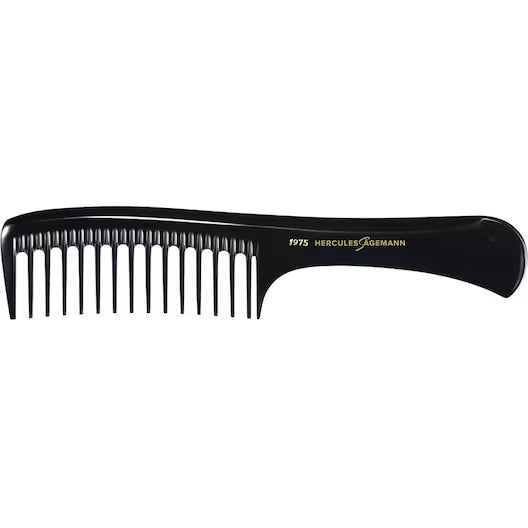 A black wide-tooth hair comb with gold lettering that reads '1975 HERCULES ROGMANN' on the handle, shown against a plain white background.