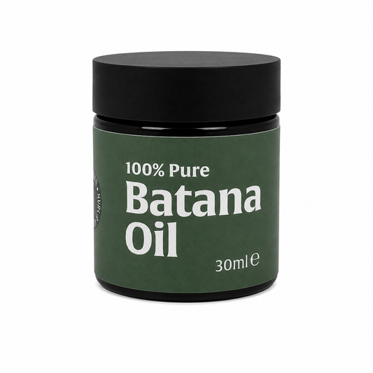 A 30ml jar of 100% Pure Batana Oil with a dark green label and a black lid, shown on a plain white background.