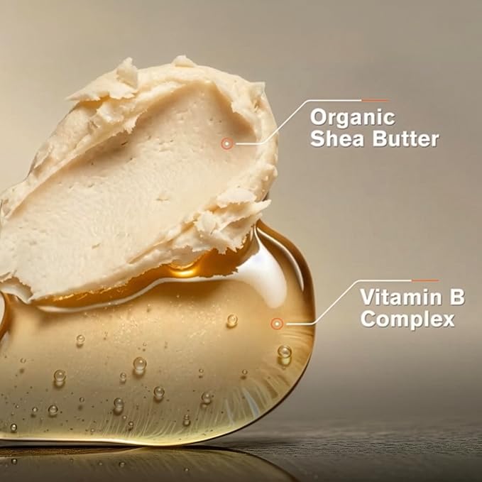 Shea butter and oil with labeled 'Organic Shea Butter' and 'Vitamin B Complex' on a neutral background