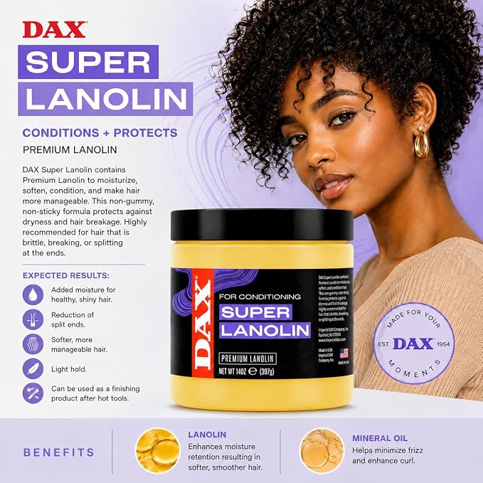 DAX Super Lanolin conditioner in a yellow tub, shown on a promotional graphic with a woman's hair, product benefits text, and a beige sweater background.