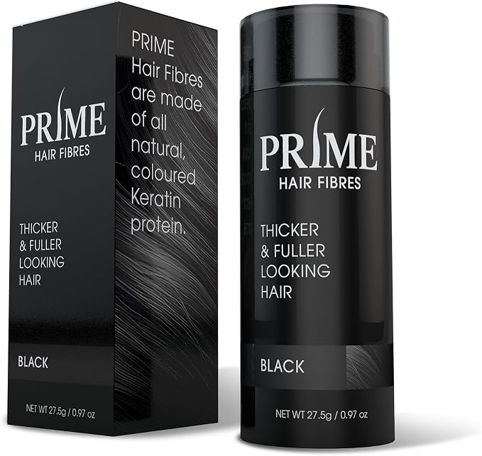 Black container and packaging of Prime Hair Fibres on a white background