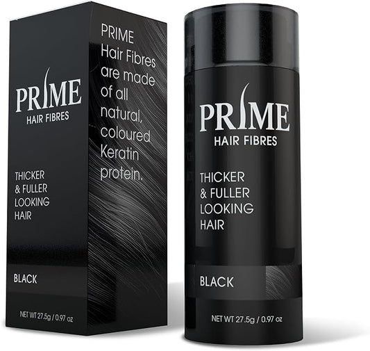 Black container and packaging of Prime Hair Fibres on a white background