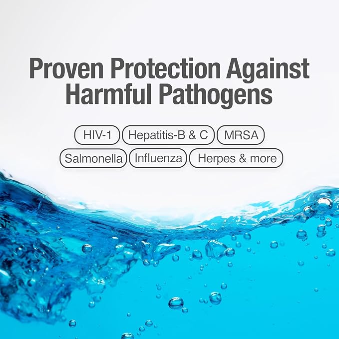 Advertisement for proven protection against harmful pathogens with a blue water background.