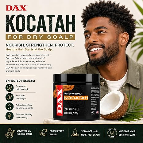 A man smiling beside a tub of DAX Kocatah hair care product, with text describing benefits for dry scalp and a coconut shown on a beige promotional background.