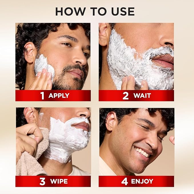 Step-by-step guide on how to use a shaving product with four images and text labels.