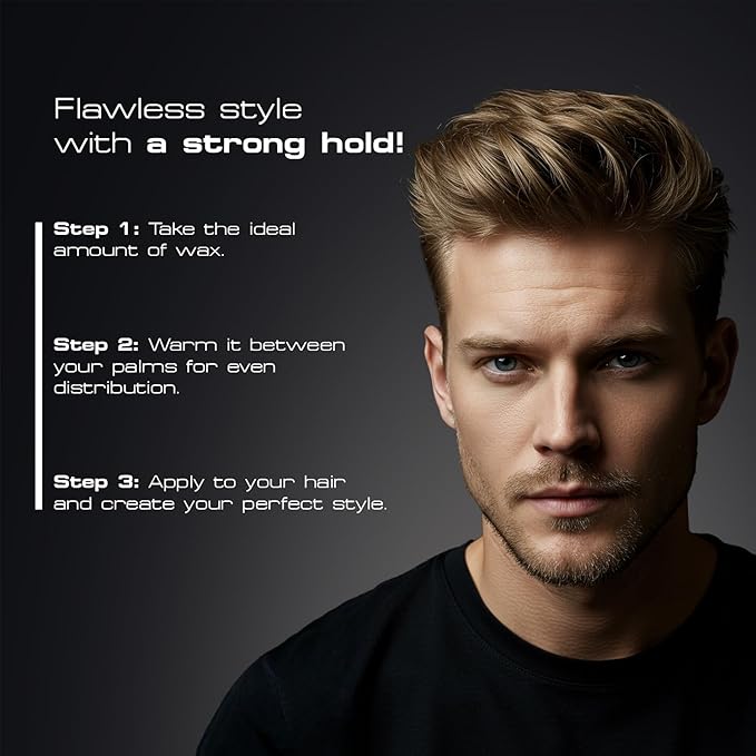 Man with styled hair against a dark background with text about hair product use.