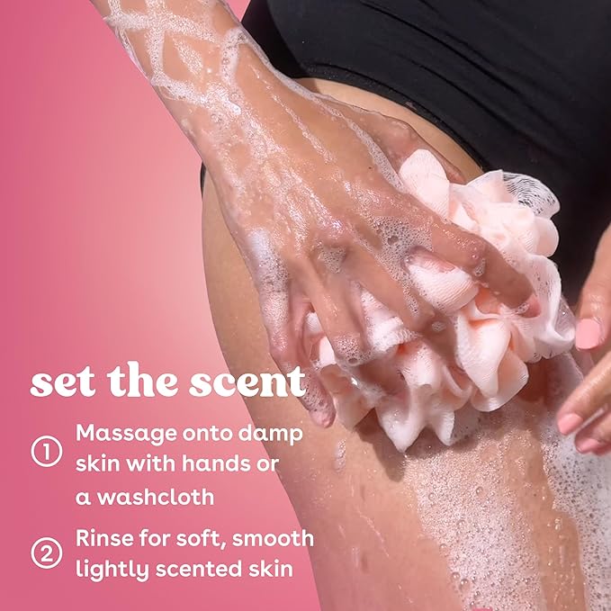 Person applying soap to their leg with a pink background and text instructions.