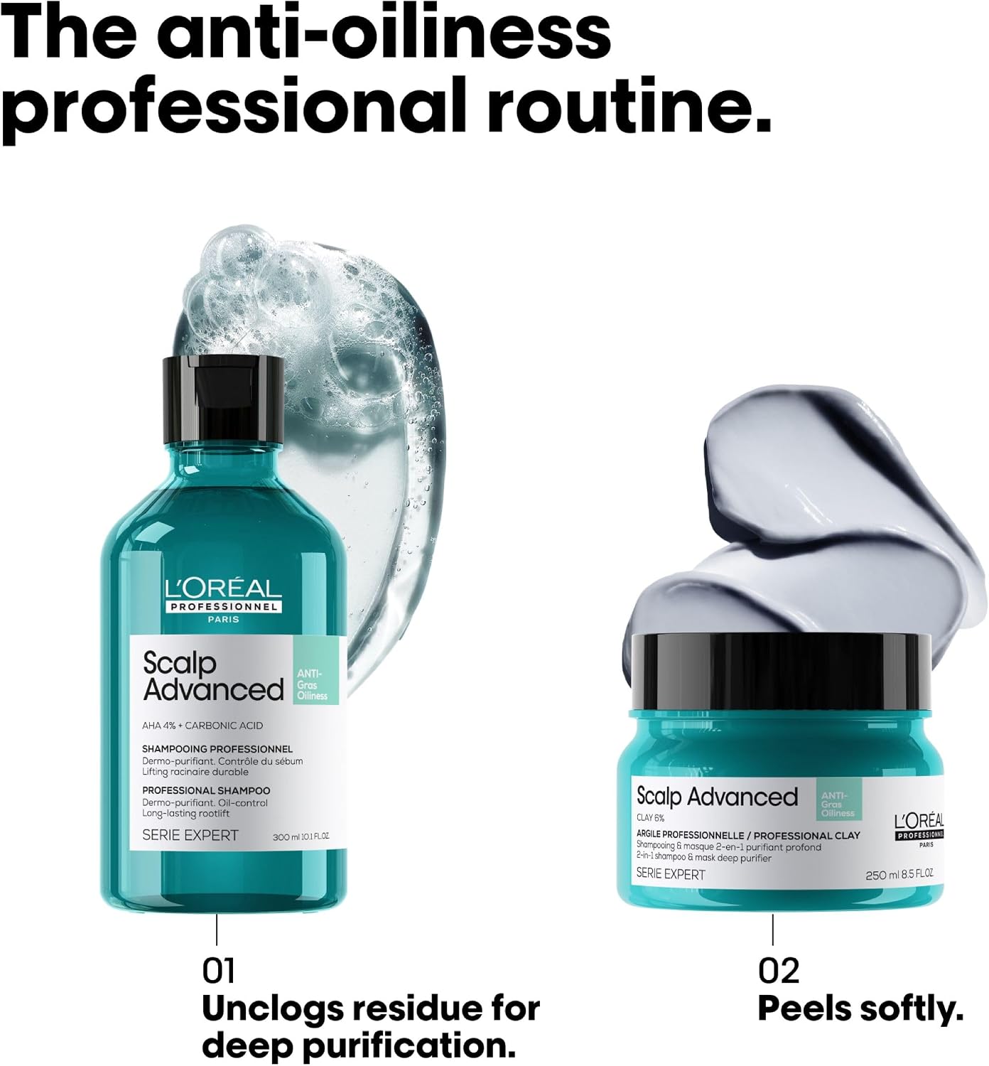 L'Oréal Professionnel Paris Scalp Advanced anti-oiliness professional routine set, featuring a teal bottle of shampoo and a matching jar of clay mask with graphic overlays of water and a dark gel, on a white background with descriptive text.