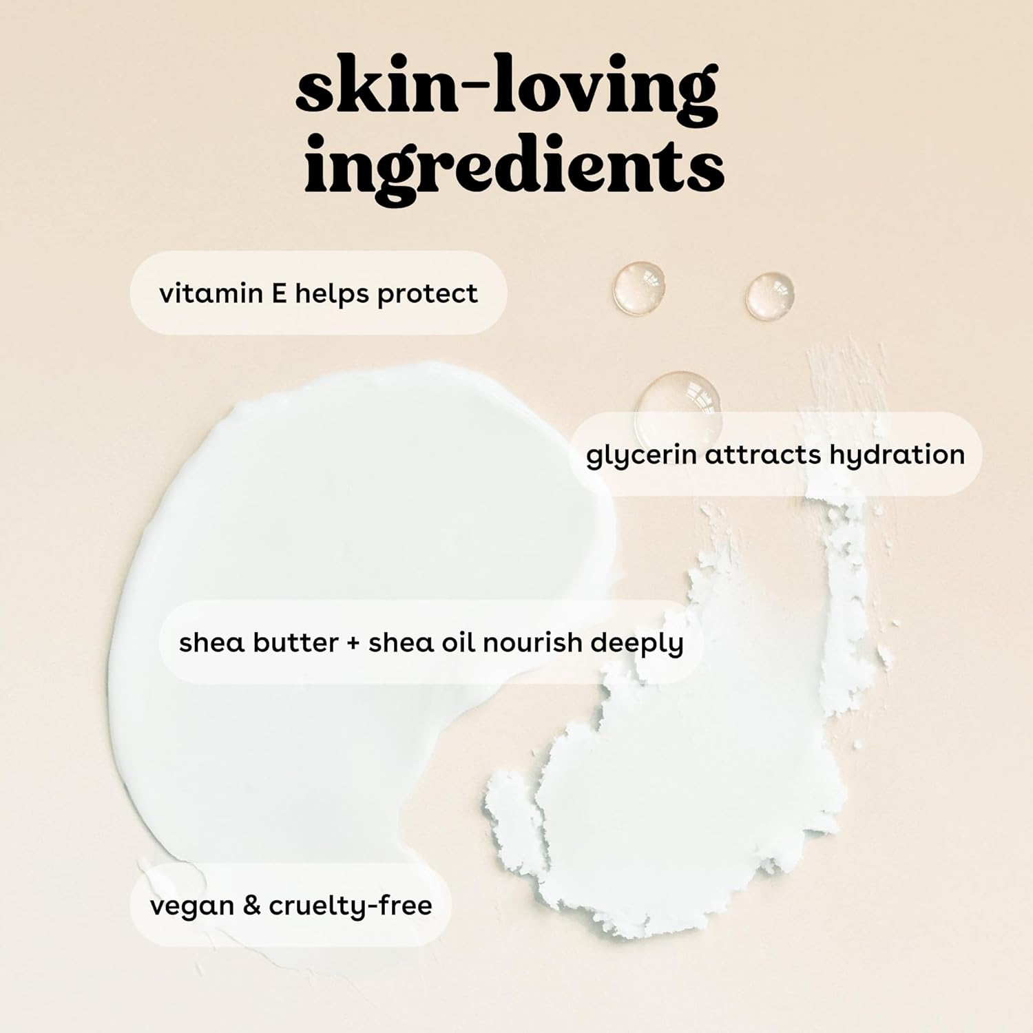 Skincare product with text highlighting skin-loving ingredients on a beige background